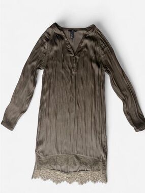 H&M Olive Satin Long-Sleeve Lace-Hem Dress